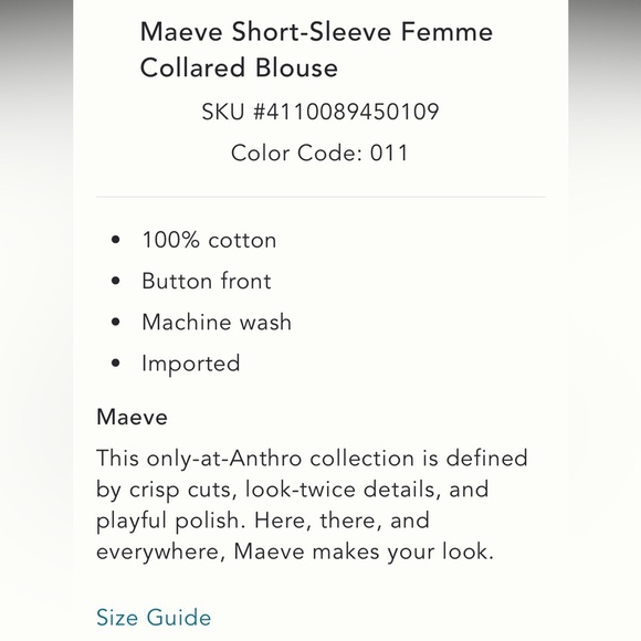 ANTHROPOLOGIE NWT MAEVE SHORT-SLEEVE FEMME COLLARED BLOUSE size M. - Picture 6 of 16
